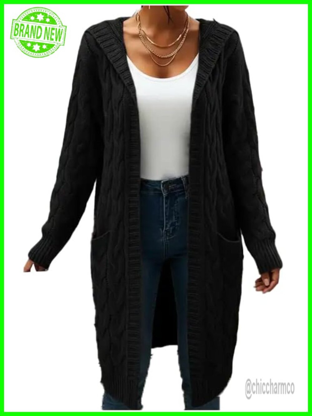 Long Cable Knit Cardigan Sweater with Pockets Open Front